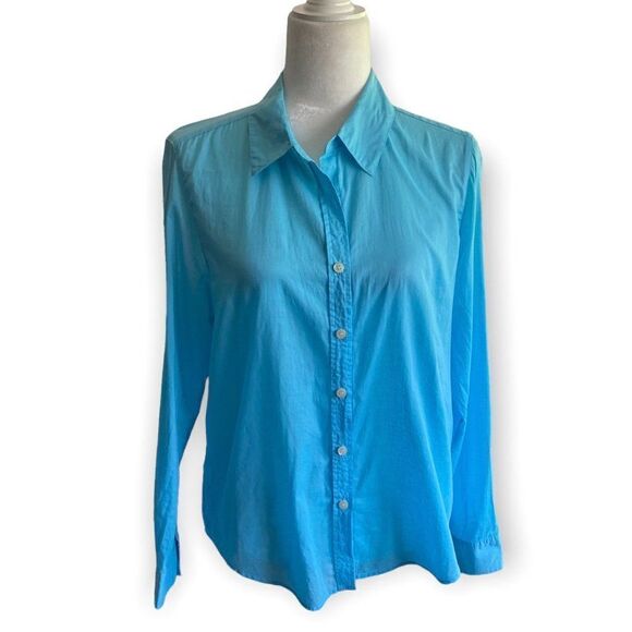 Charter Club Womens Turquoise Button Front Cotton Tailored Blouse SZ 10 - Picture 1 of 11